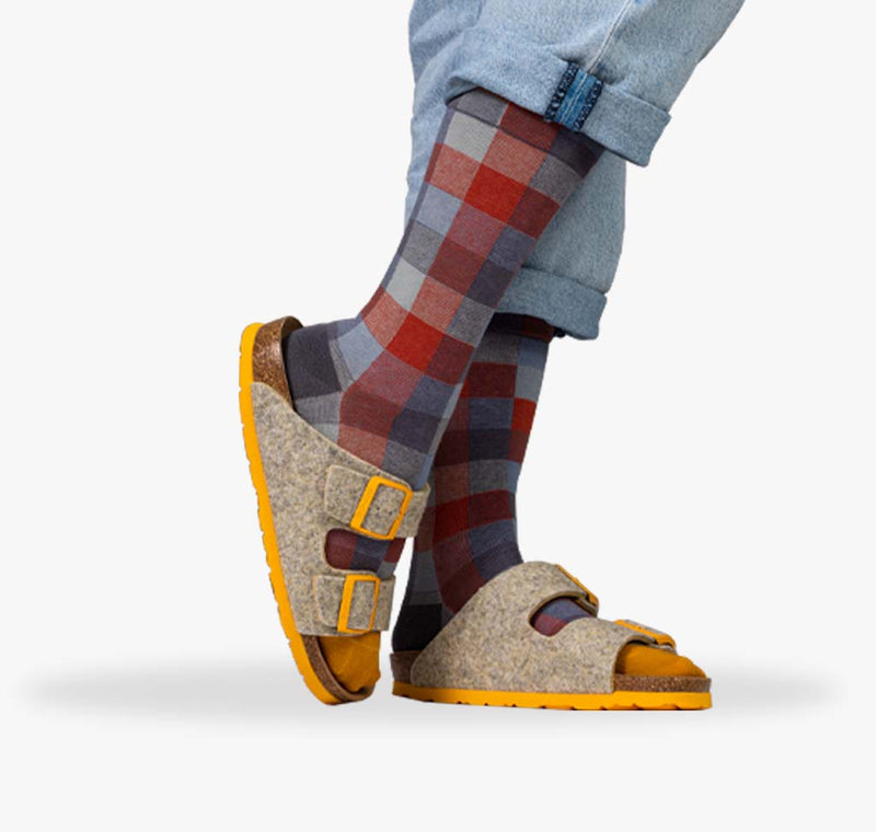 Bunte Socken mit roten und blauen Schachmuster für Herren und Damen