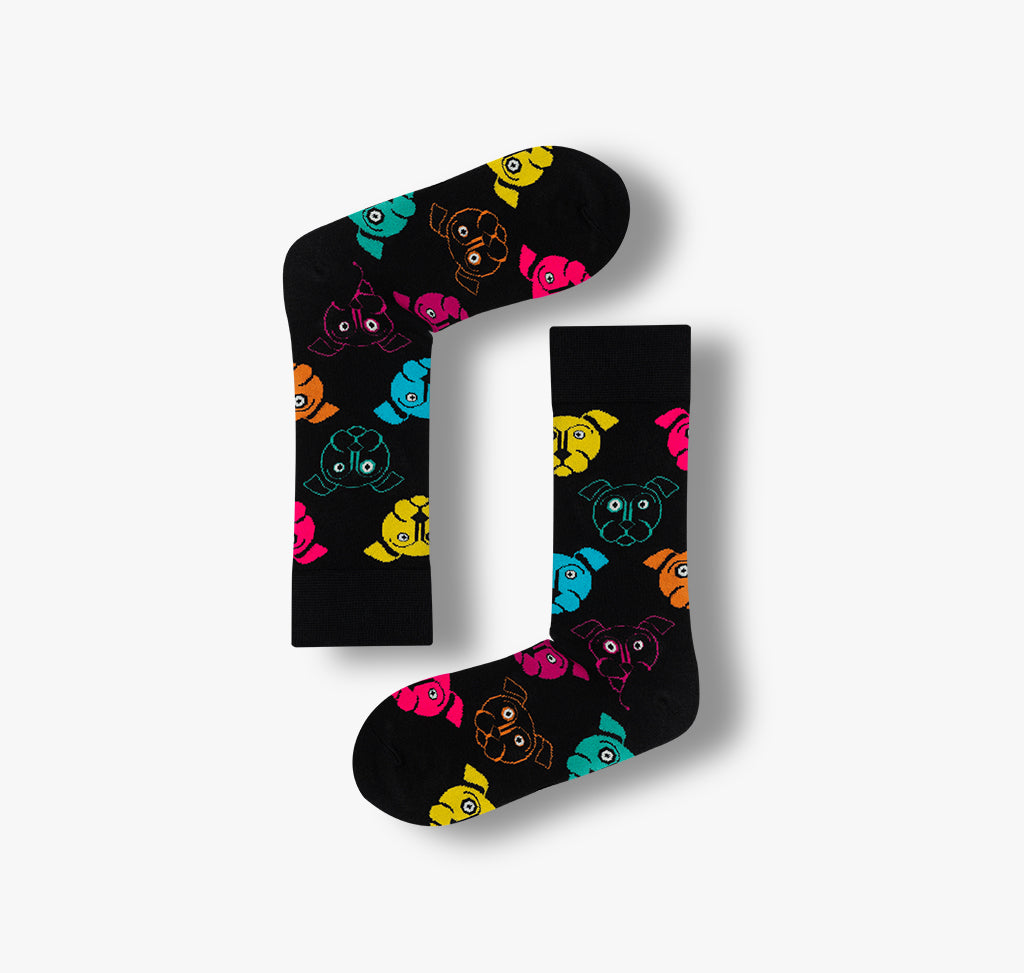 Schwarze Socken mit bunten, lustigen Hunden für Damen und Herren