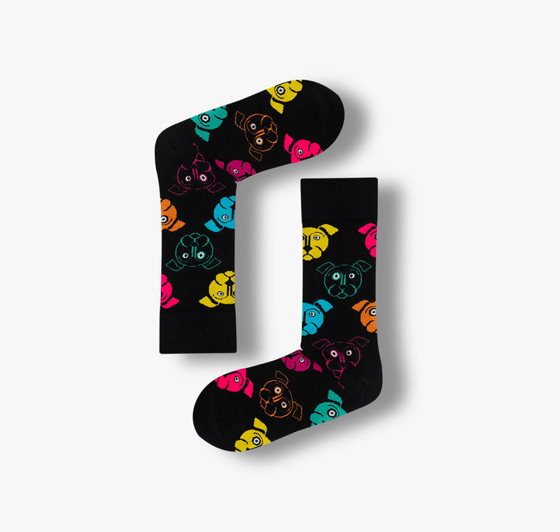 Schwarze Socken mit bunten, lustigen Hunden für Damen und Herren