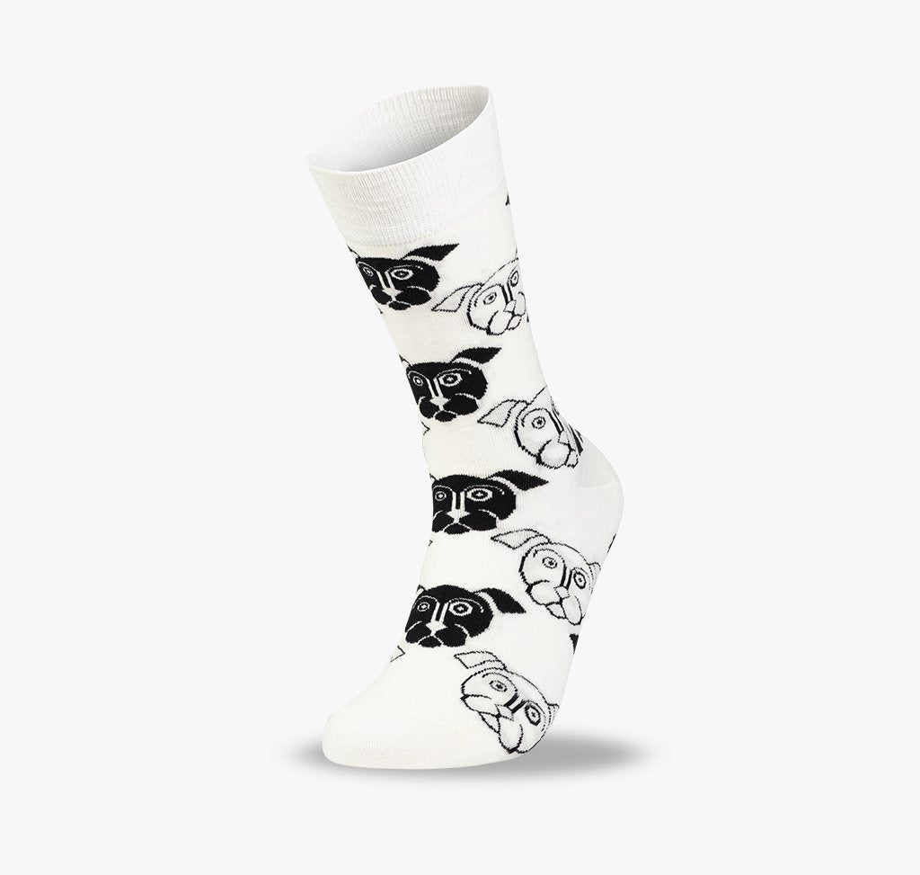 Bunte Hunde Socken mit lustigen Hunden in weiß und schwarz für Damen Herren Männer und Frauen