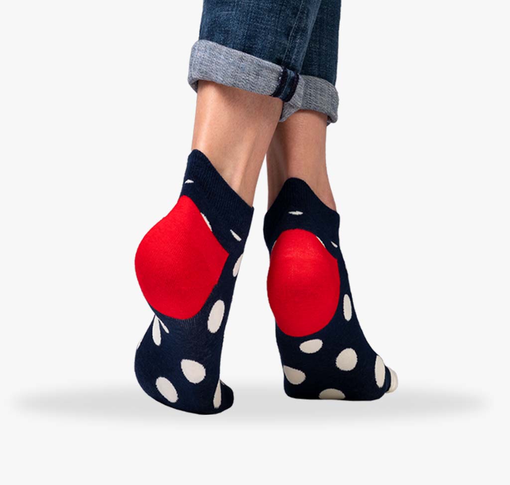 Gepunktete Sneaker Socken für Damen und Herren rutschfest in Blau Rot und Weiß