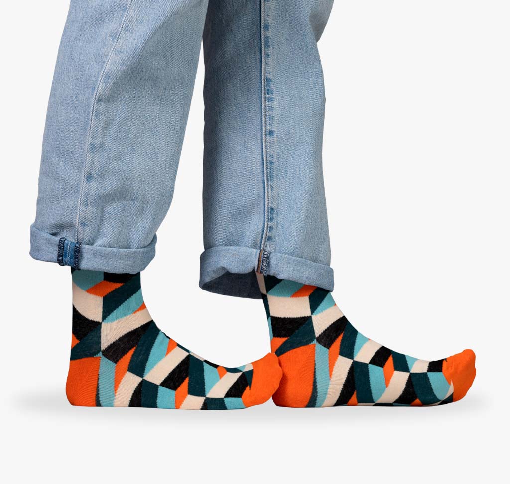 Orange Damen Socken mit grünem und blauem Muster