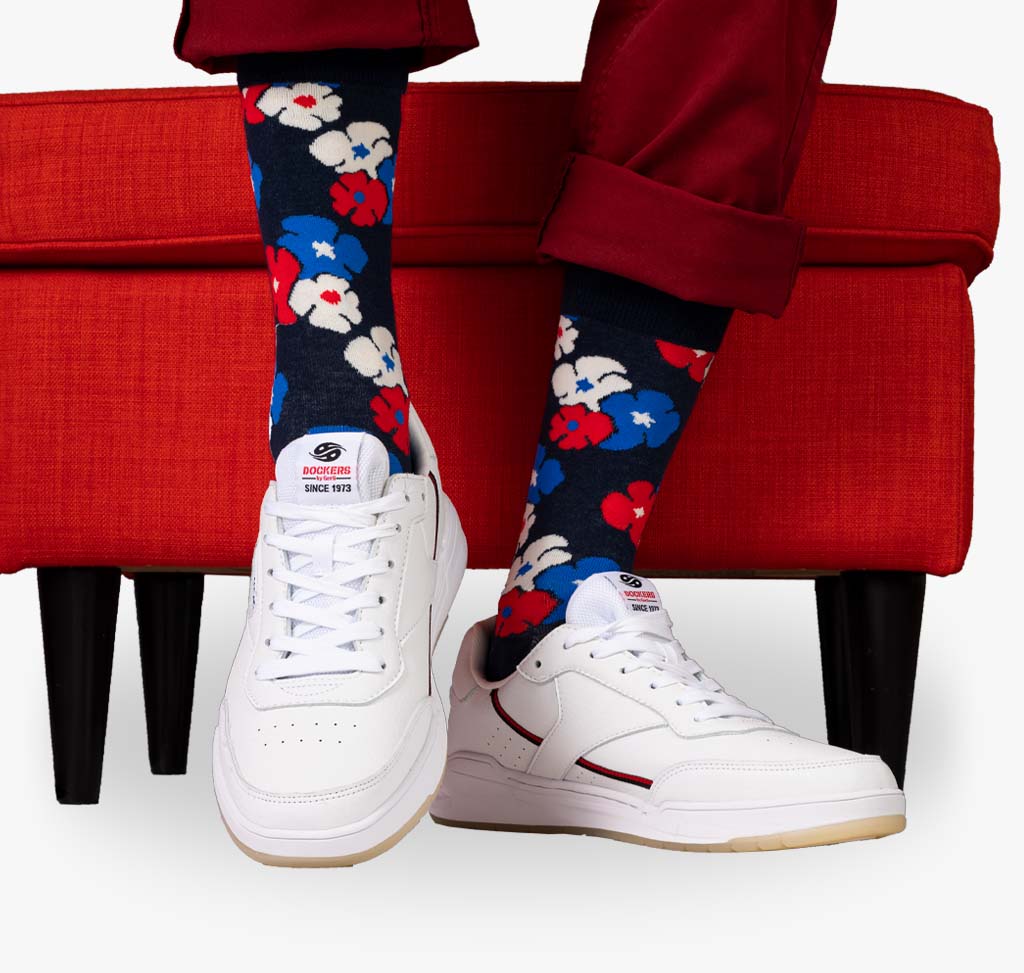 Blumen Socken für Herren mit Blümchen in rot blau und weiß