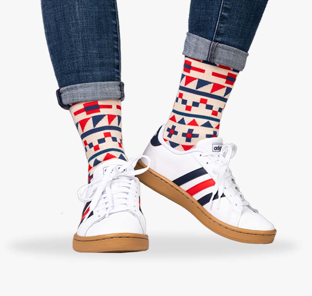 Western Socken für Damen mit blauen und roten Cowboy Mustern