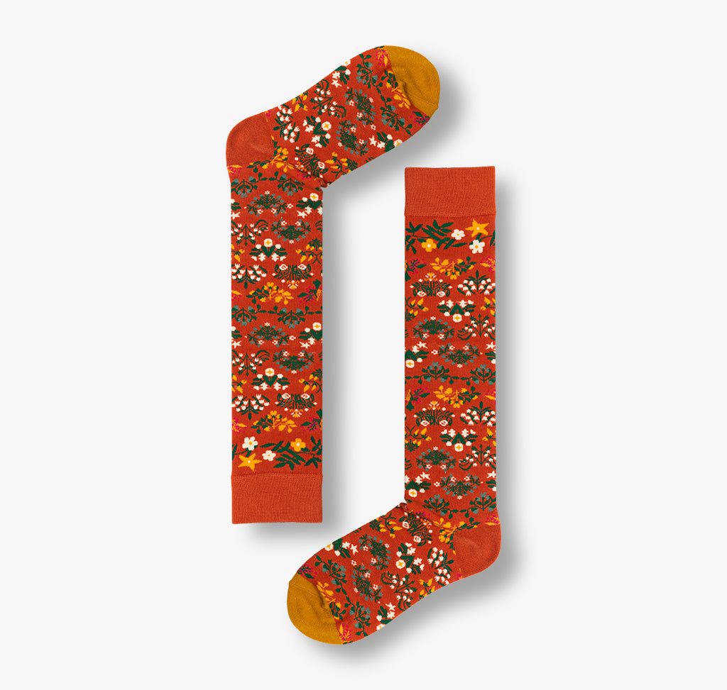 Orange Kniesocken und Kniestrümpfe mit bunte Mustern und Blumen für Damen und Herren