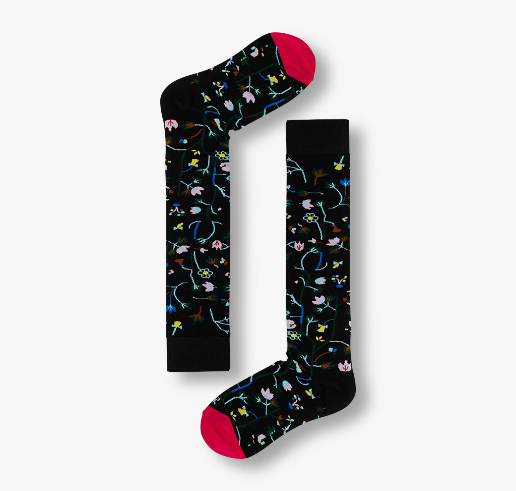 Kniestrümpfe mit Blumen auf schwarzem Socken für Damen und Herren
