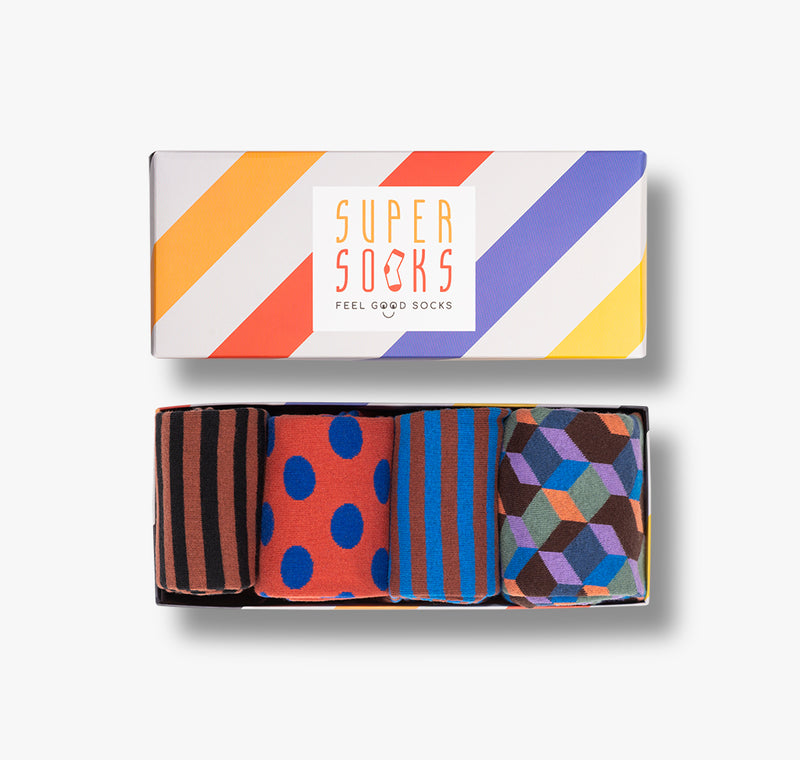 Buntes Geschenkset mit vier Paar Kniesocken und Kniestrümpfen gestreift und mit Punkte für Damen und Herren