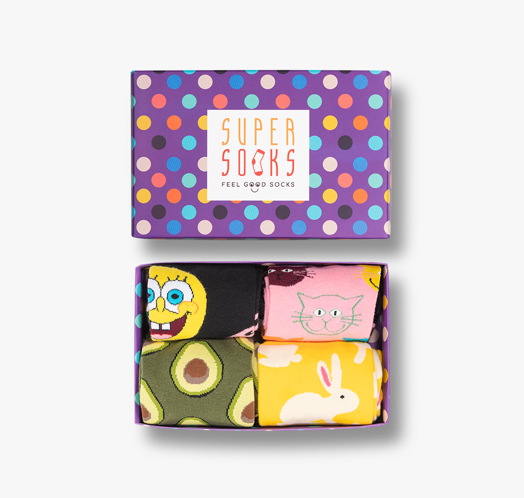 Punkte Geschenkset mit vier Paar Socken Katzen Sponge Bob Avocados und Hasen für Damen und Herren