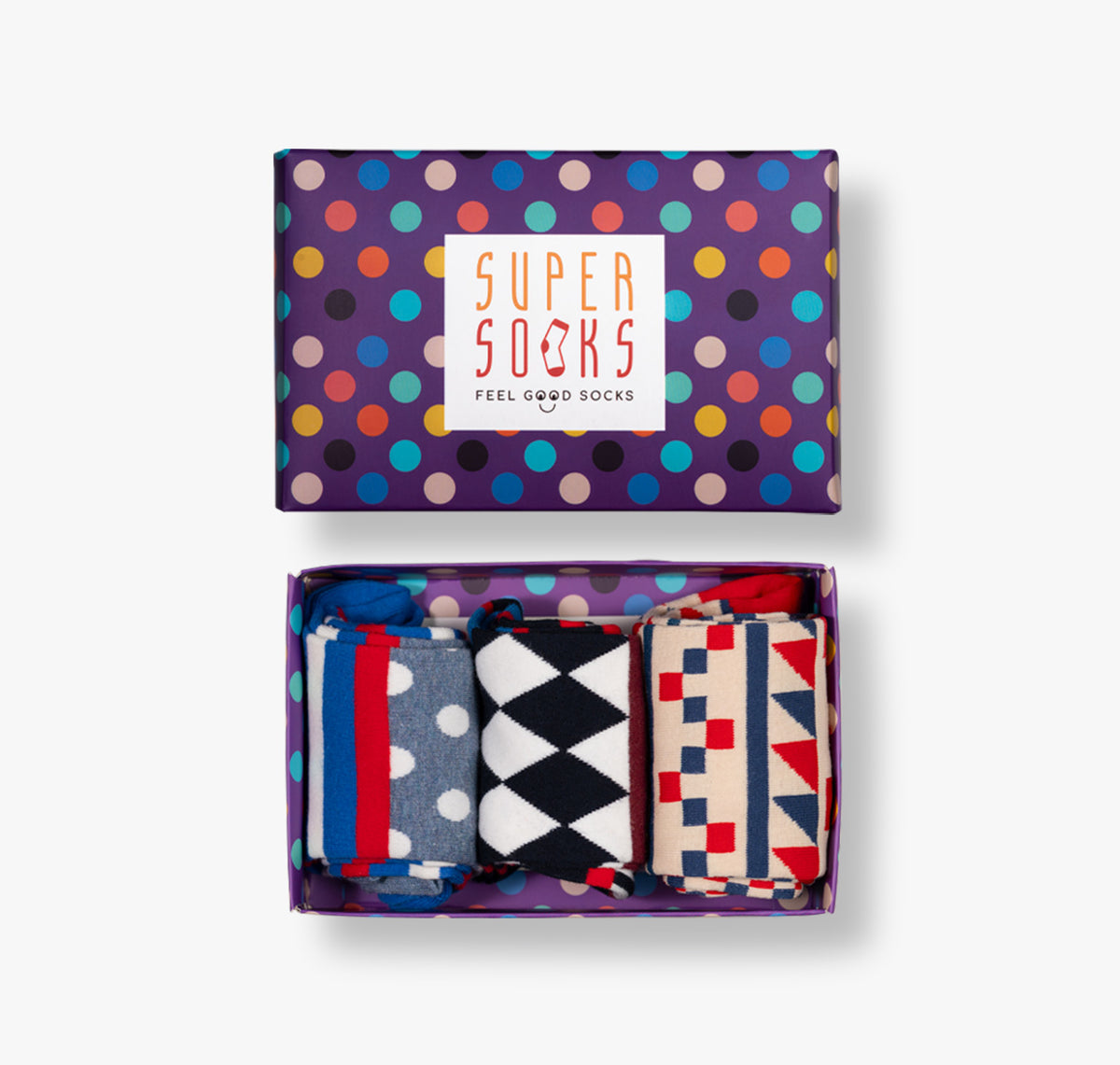 Bunte Geschenkschachtel mit 3 paar lustige Socken