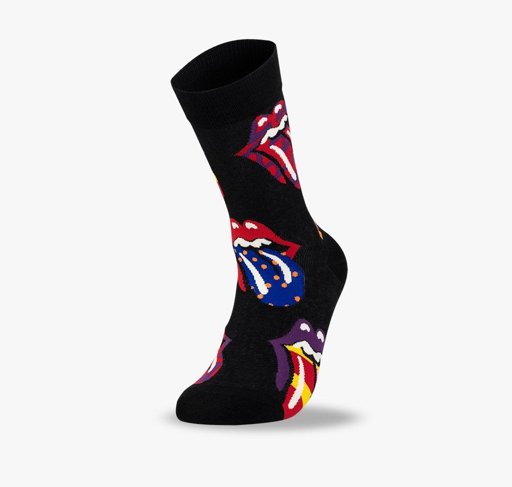 Schwarze Socken für Damen und Herren Männer und Frauen mit Rolling Stones bunten Zungen und lustigen Lippen