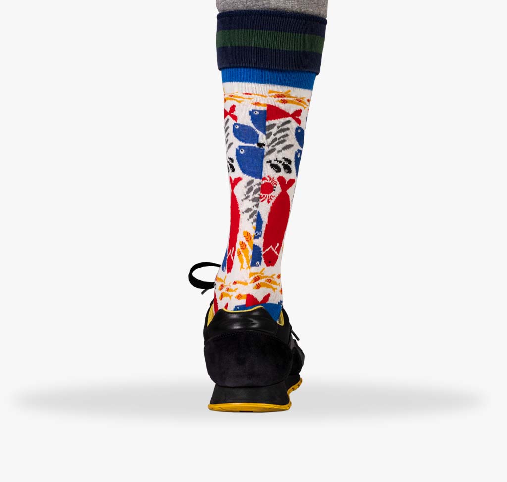 Herren Socken mit bunten Fischen in maritimen blau und rot