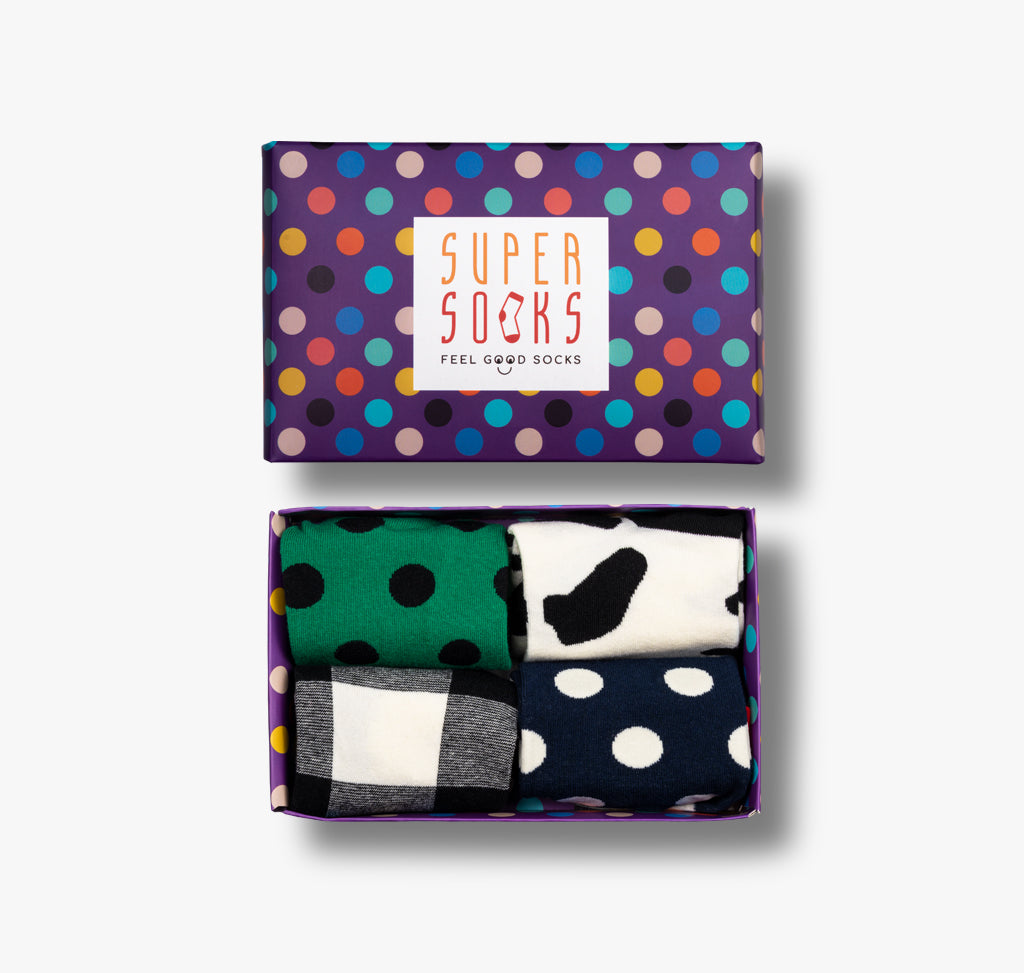 Geschenkbox mit bunten Punkten und lustigen Sneaker Socken für Männer Frauen Damen und Herren Inhalt vier Paar