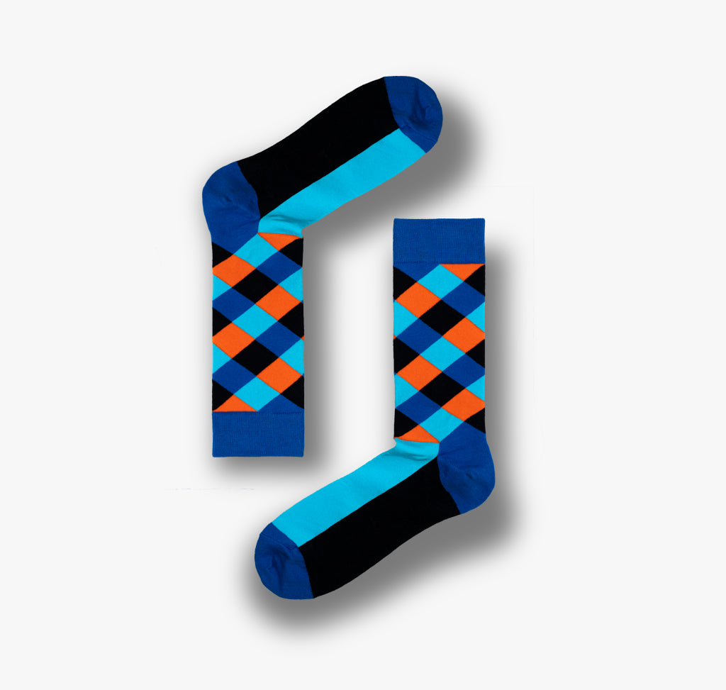 Damen und Herren Socken mit orange blauem Rauten Muster