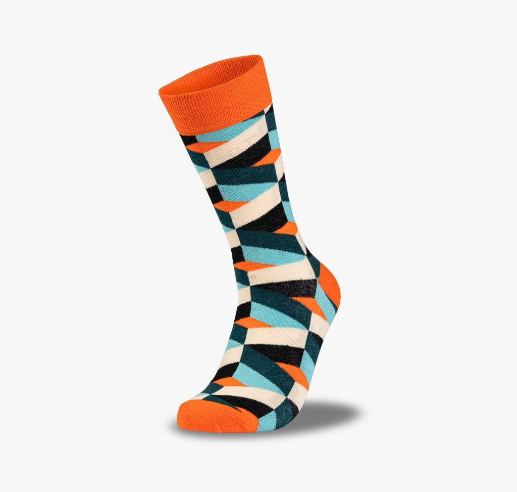 Socken für Herren und Damen mit orangen Bund und bunten Mustern