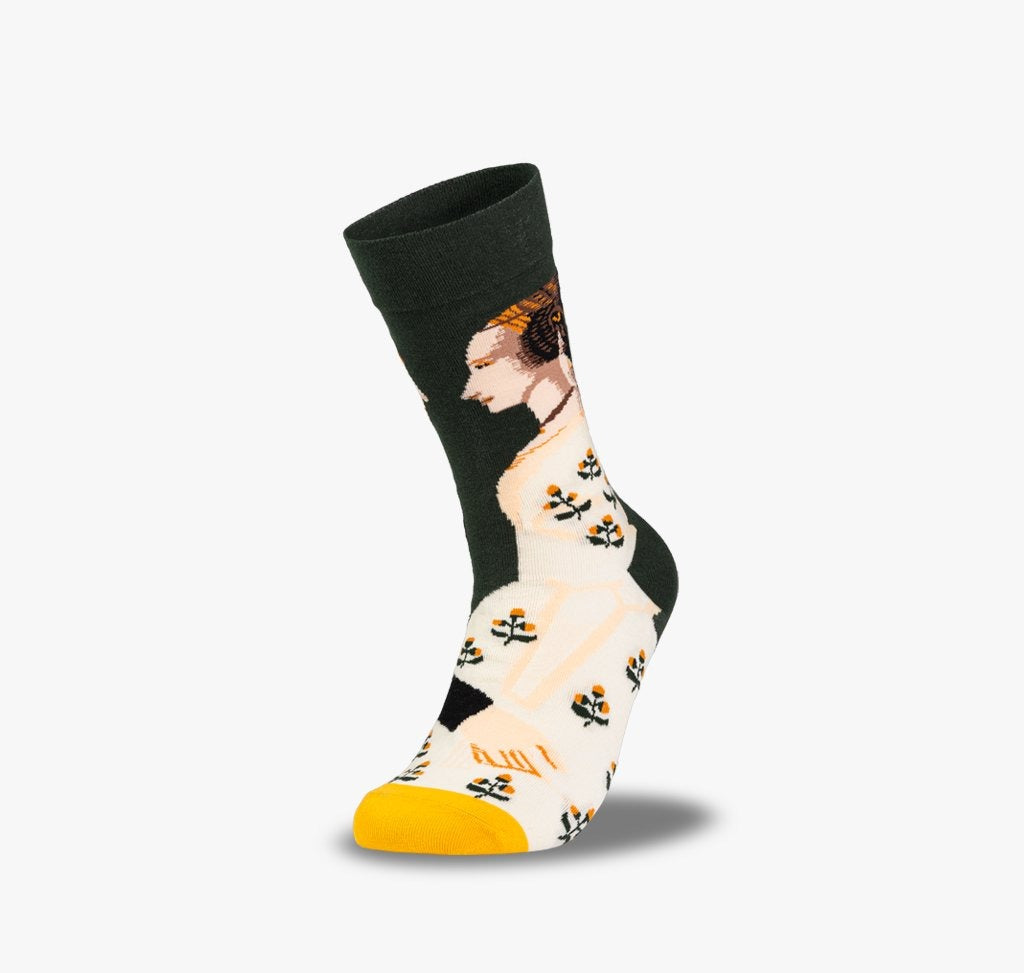 Grüner Damen und Herren Socken mit Porträt einer Damen in weißem Kleid