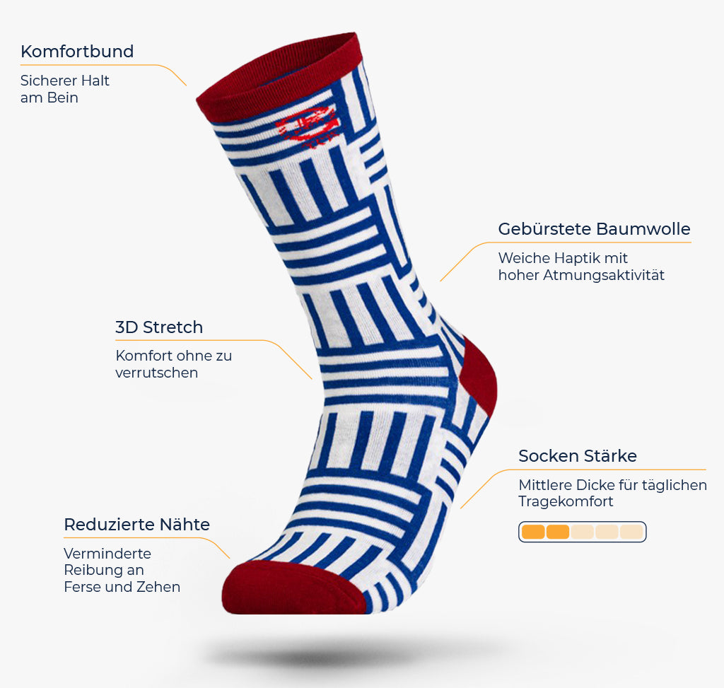Aufzählung anhand einer Grafik mit den Vorteilen von bunten Socken für Damen und Herren von Super Socks