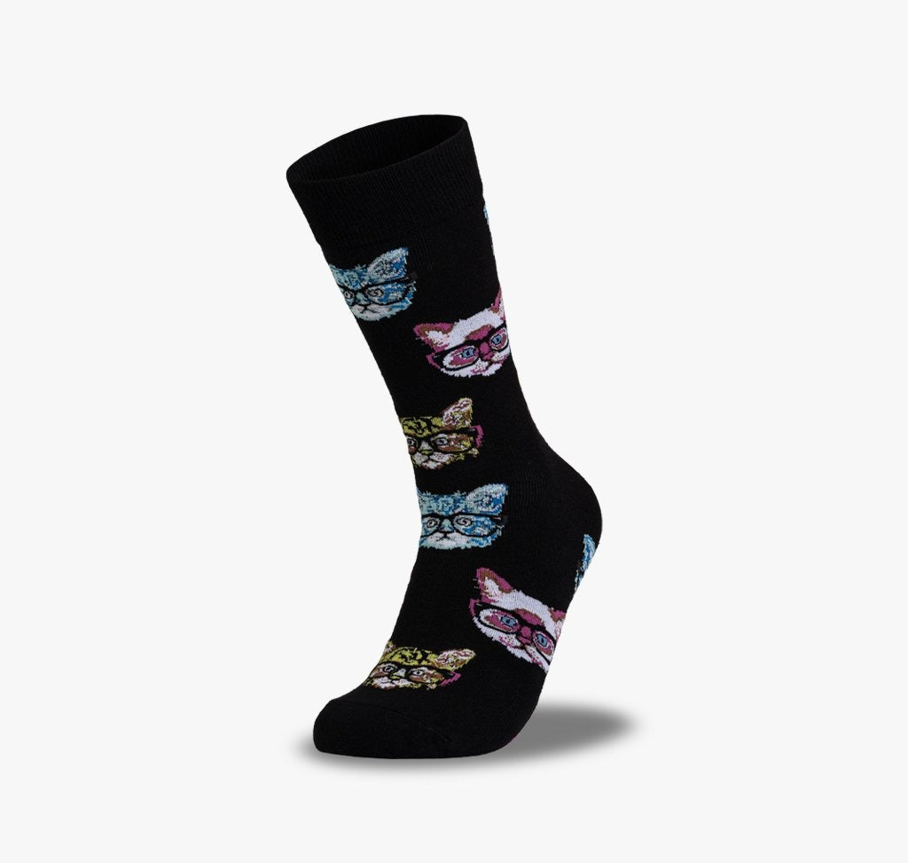 Bunte und lustige Brillenträger Katzen auf schwarzem Socken für Herren und Damen