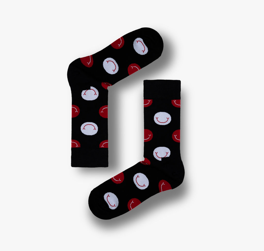 Smiley Socken für Damen und Herren mit lachenden Gesichtern in rot und weiß