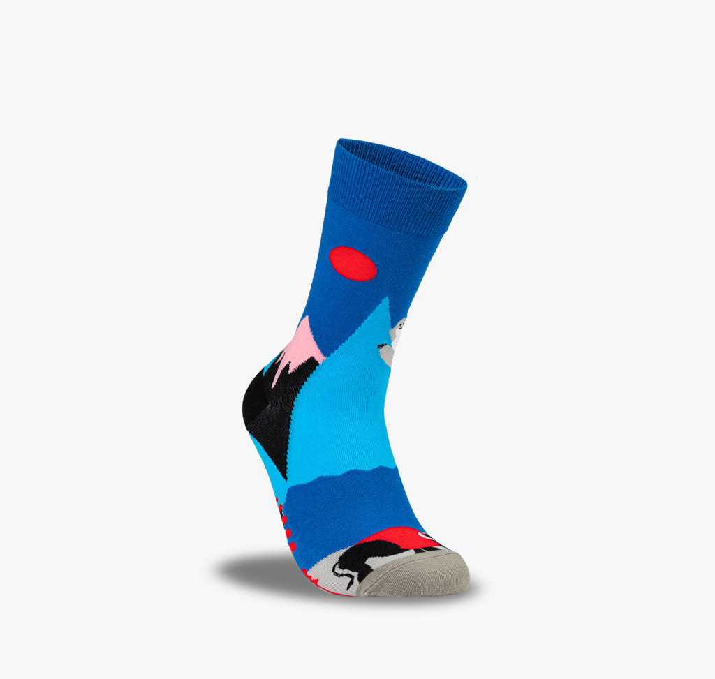 Bunte Damen und Herren Socken mit blauen Bergen einem Yeti und Bullen