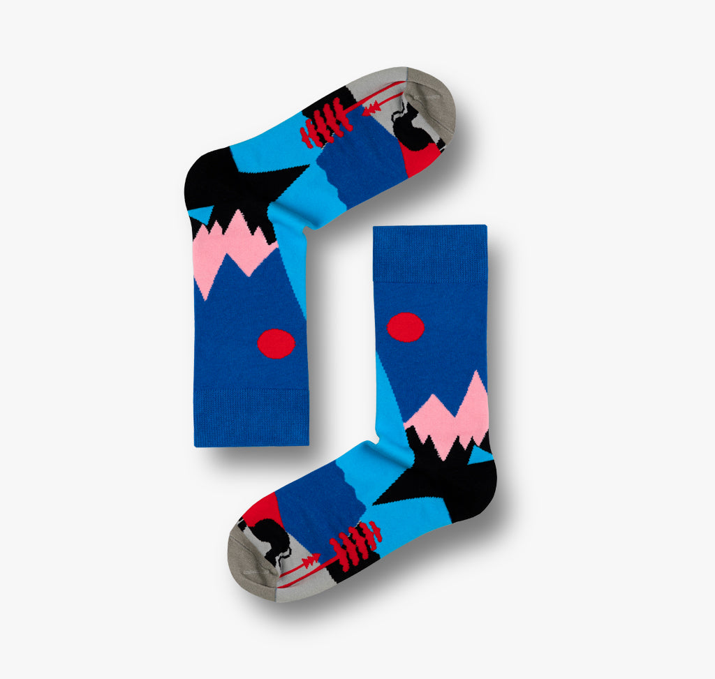 Damen und Herren Socken mit Bergen Sonne einem Yeti und einem Stier Bullen